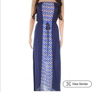 THML Blue Printed Strapless Maxi Dress